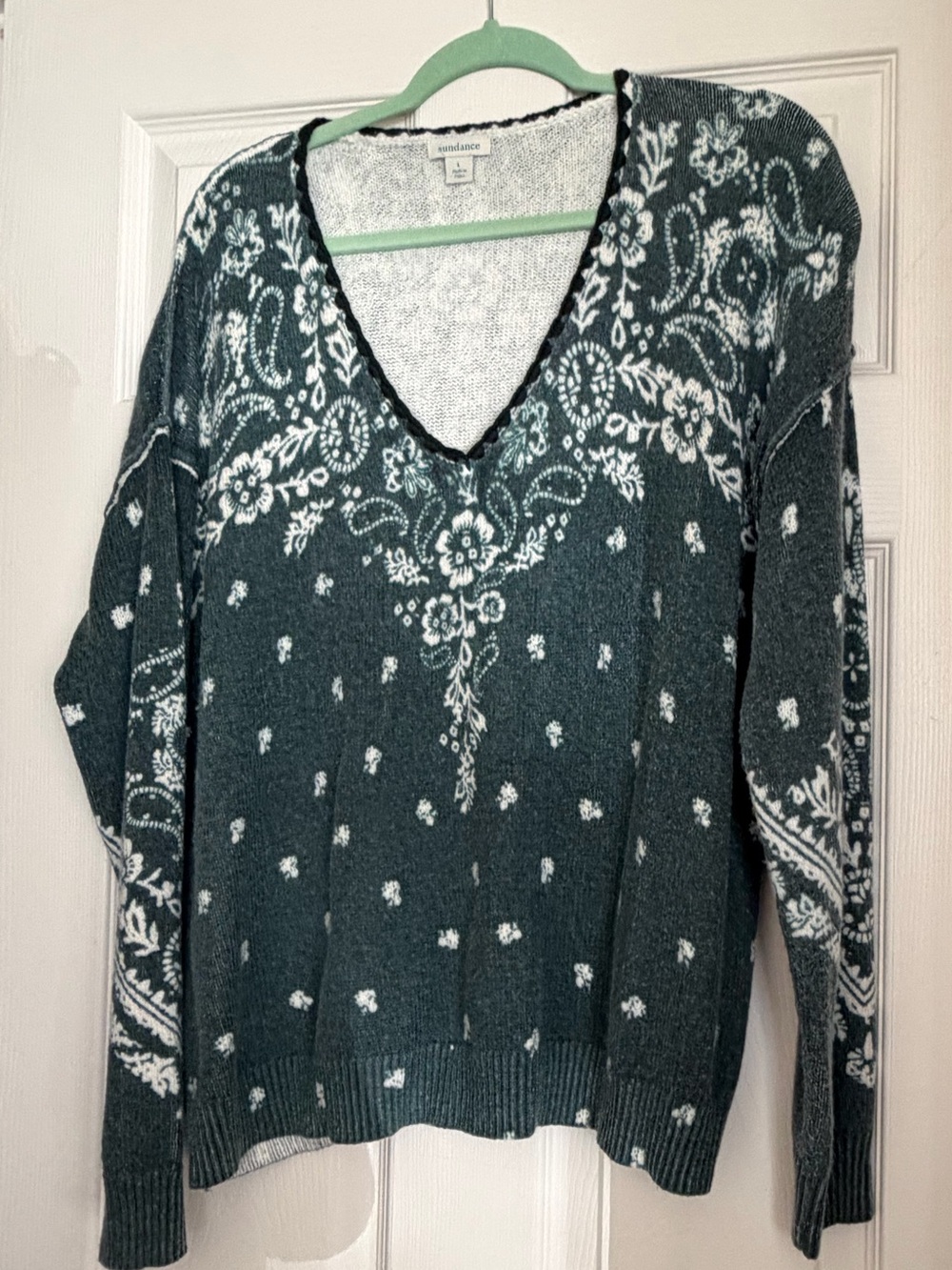 Sundance Teal Green Paisley V-Neck Sweater